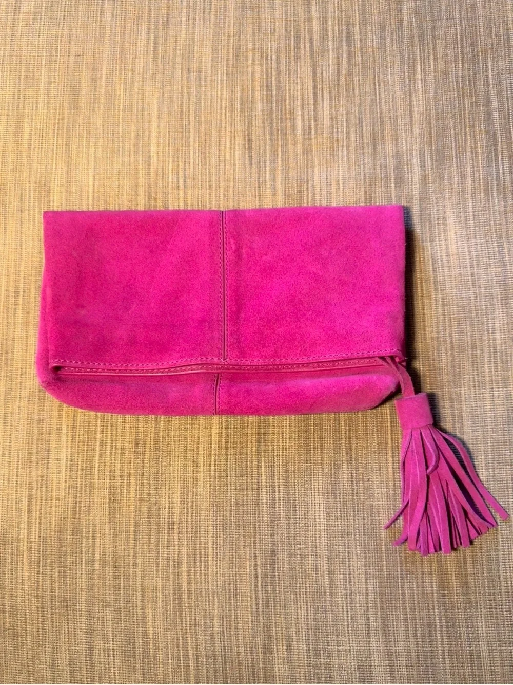 Fuchsia Suede Leather Foldover Tassel Clutch
